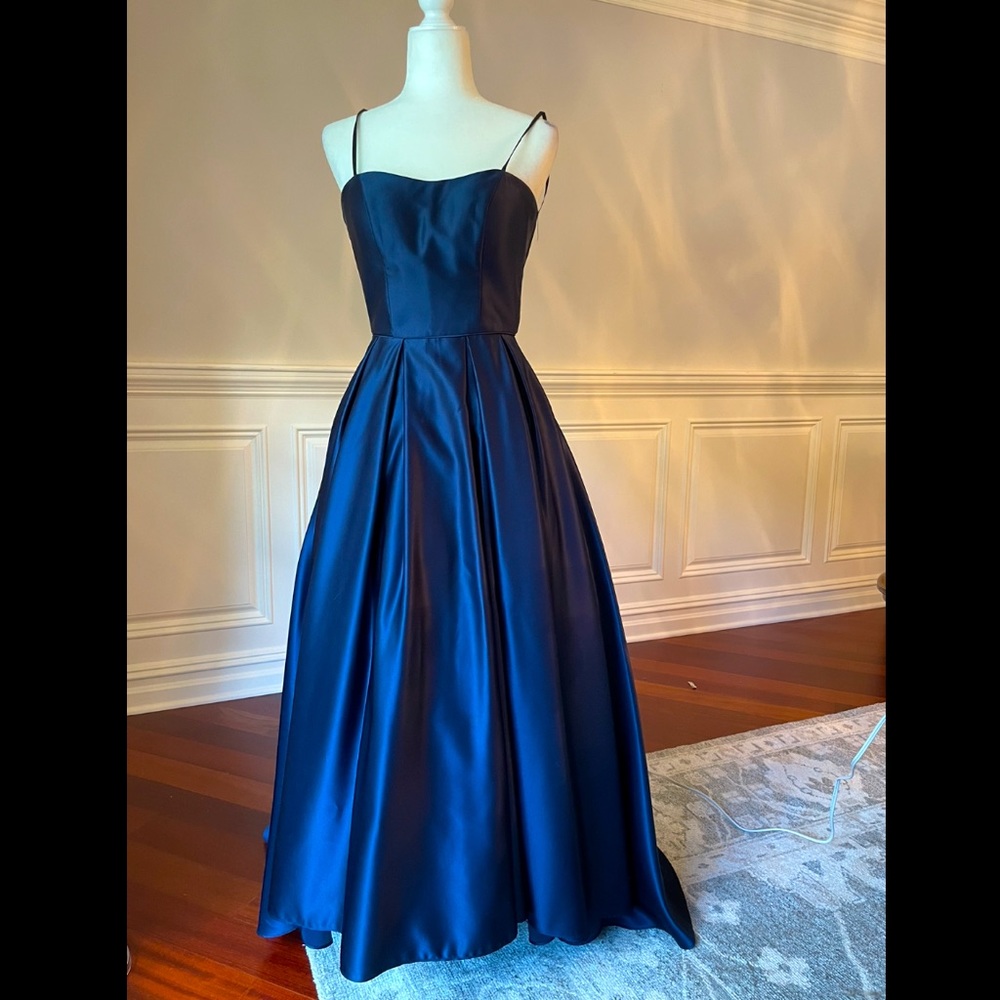 Betsy & Adam Hi-Low Satin Gown Midnight Blue